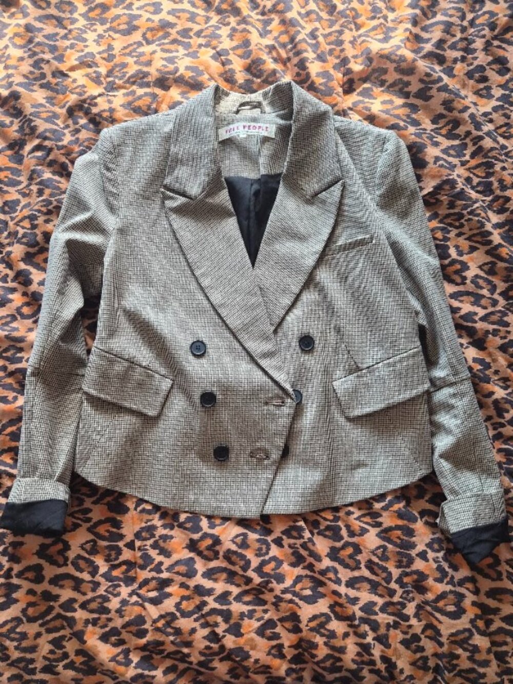 Free People Betty Cropped Double Breasted Houndstooth Blazer Jacket - Size M